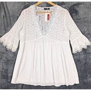 Womens Top 4XL White Boho Crochet Eyelet Cottagecore Babydoll Gauzy Fairy‎ Angel